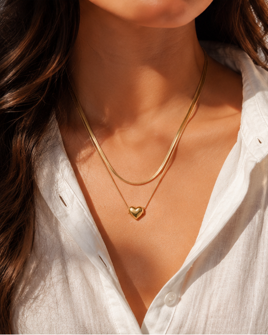 18K gold plated heart necklace with dual snake chain – waterproof and sweatproof for Indian women