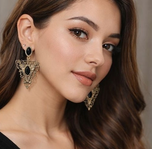 Antique gold filigree earrings black stone close up for women JeevaFashions