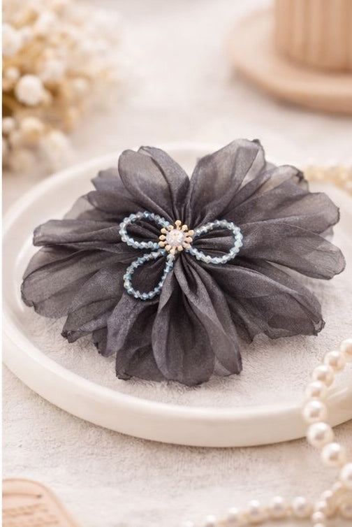 Black floral hair clip close up detail for women JeevaFashions
