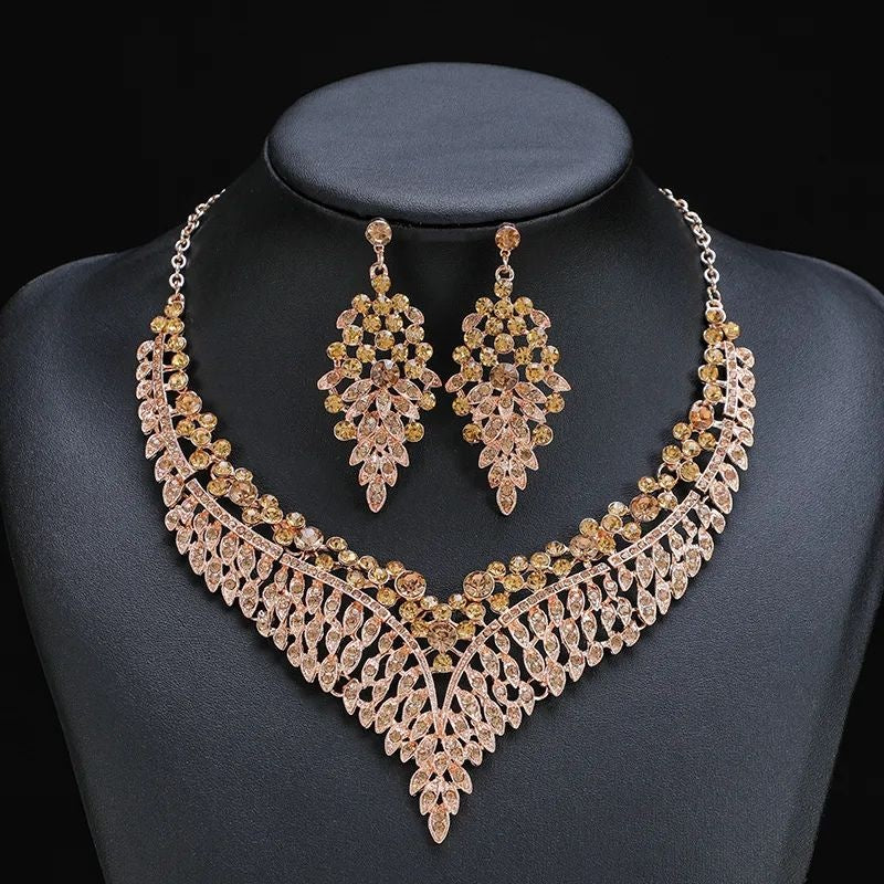 Crystal fringe necklace chandelier earring set champagne gold CZ party wear for women – JeevaFashions