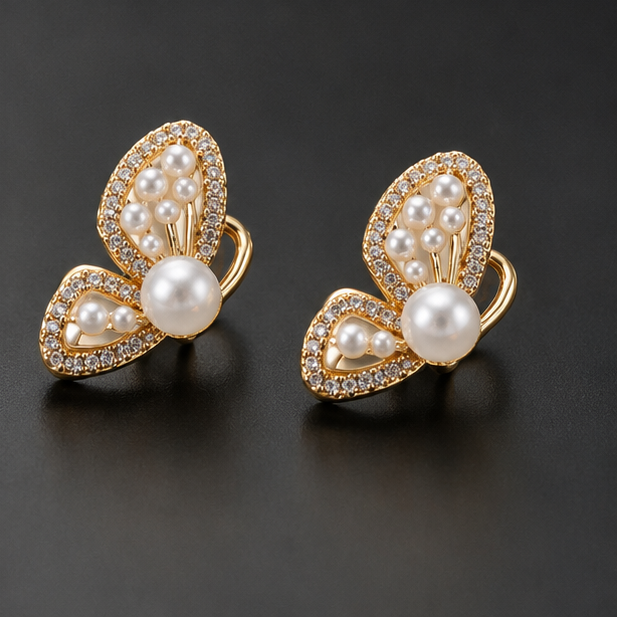 CZ butterfly earrings with pearl detail for weddings JeevaFashions
