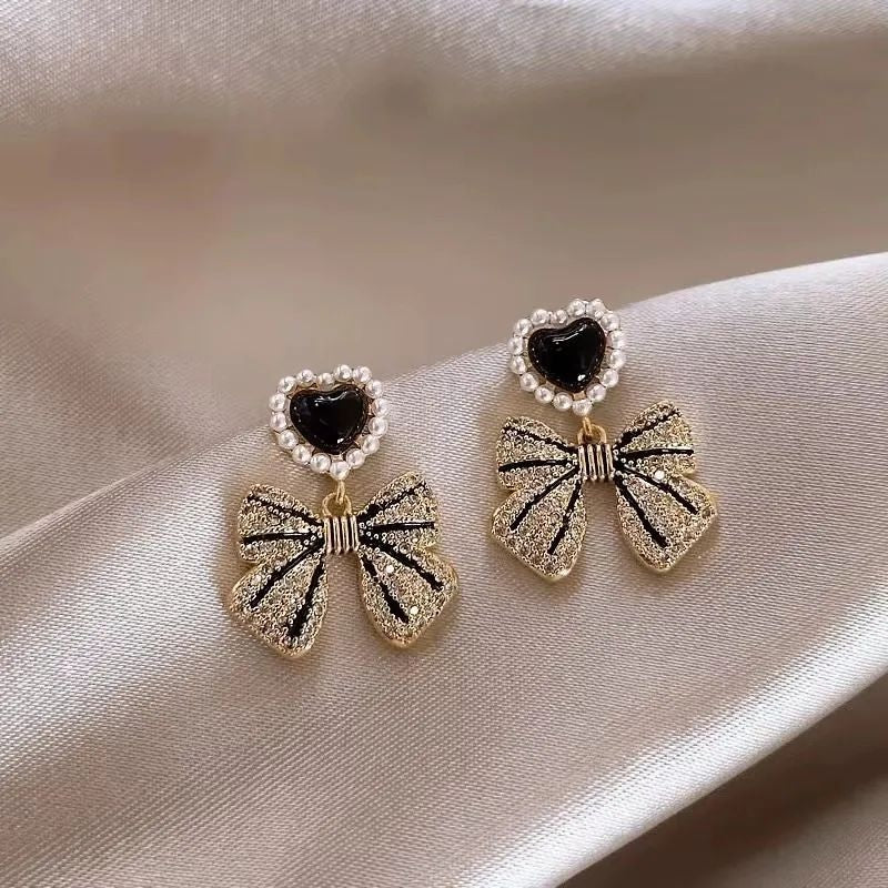 Elegant pearl heart bow drop earrings for women JeevaFashions