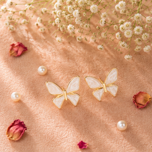 Gold tone butterfly earrings closeup enamel finish for women JeevaFashions