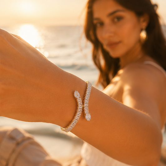 Gold plated baguette American Diamond snake bracelet – anti-tarnish festive jewellery for women