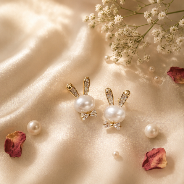 Gold plated faux pearl bunny stud earrings with crystal bow on pink lifestyle background – festive and gifting occasion