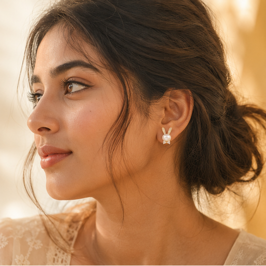 Indian woman wearing gold plated faux pearl bunny stud earrings with crystal bow – styled for date night and festive wear