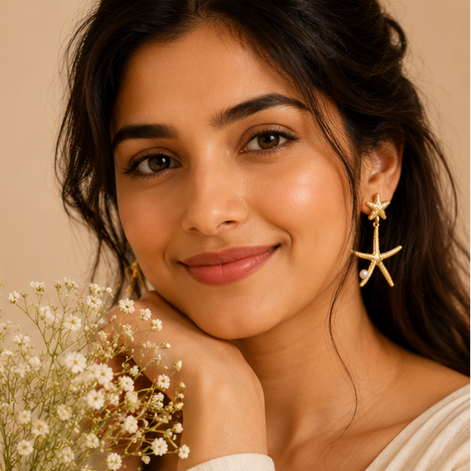 Gold-plated starfish faux pearl dangle earrings – anti-tarnish beach statement jewellery for Indian women