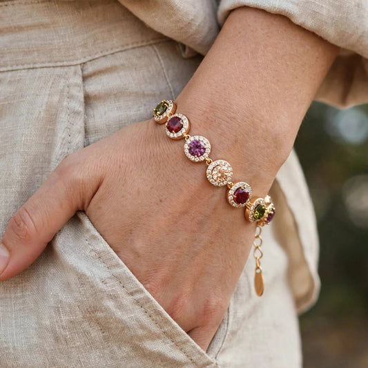 multicolor CZ halo bracelet close-up gold-plated steel for women JeevaFashions