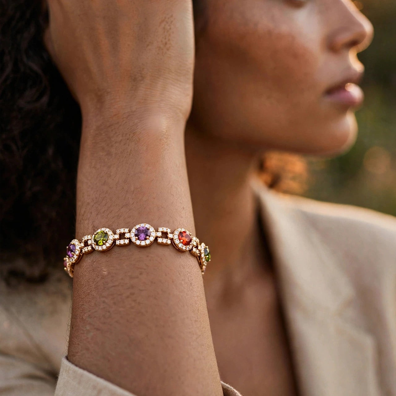 multicolor oval CZ tennis bracelet clasp detail gold-plated steel for women JeevaFashions