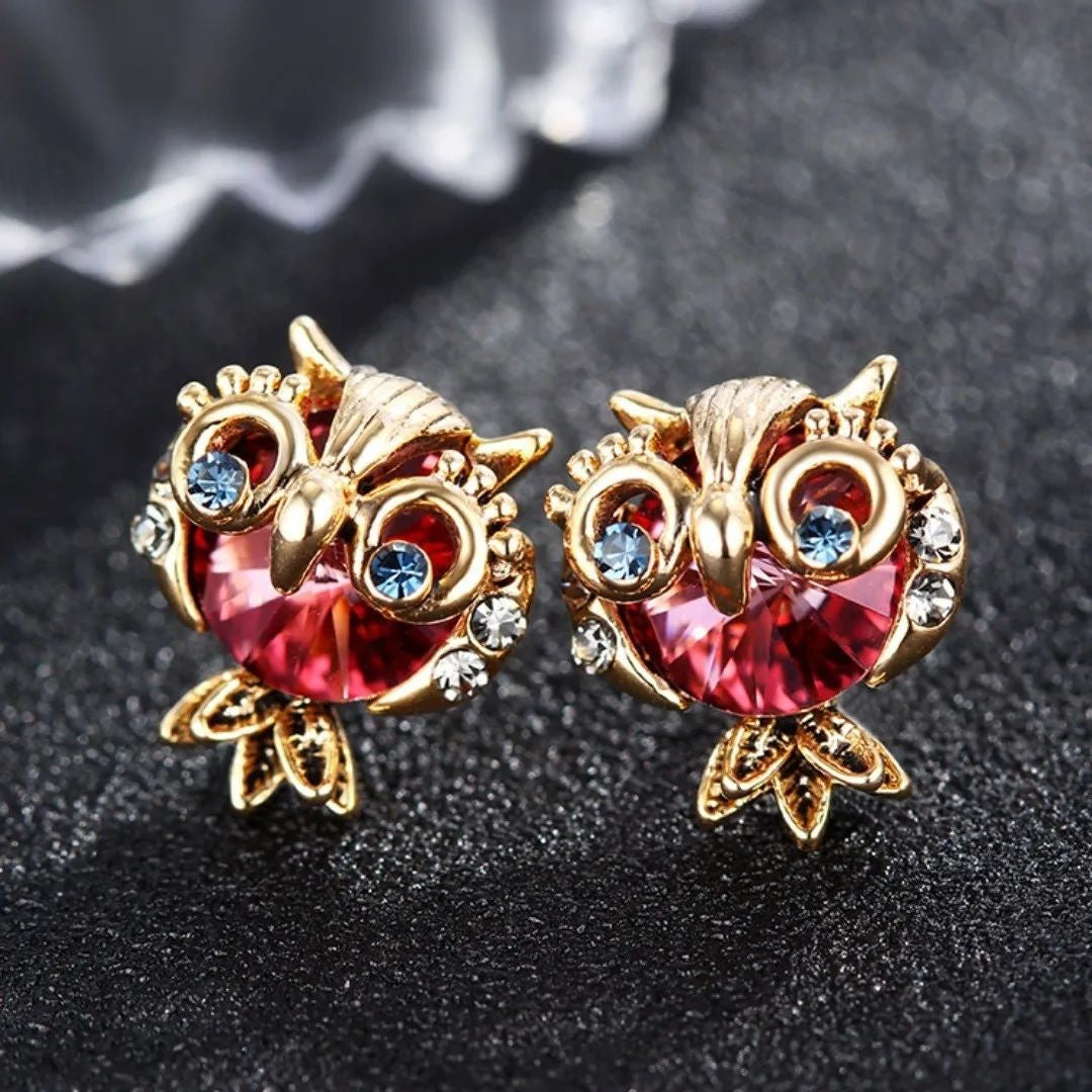Red gold-tone owl stud earrings for women – unique stud earrings for night out and travel