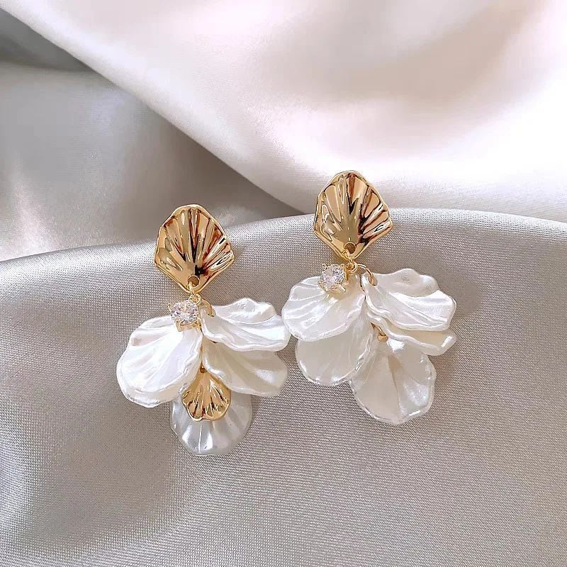 Pearl aura cascading shell petal earrings gold tone JeevaFashions