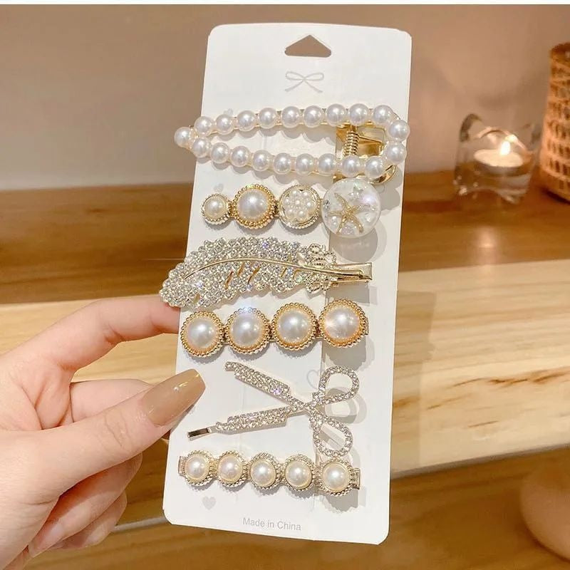 pearl crystal hair clip set 6 piece gold tone for women JeevaFashions