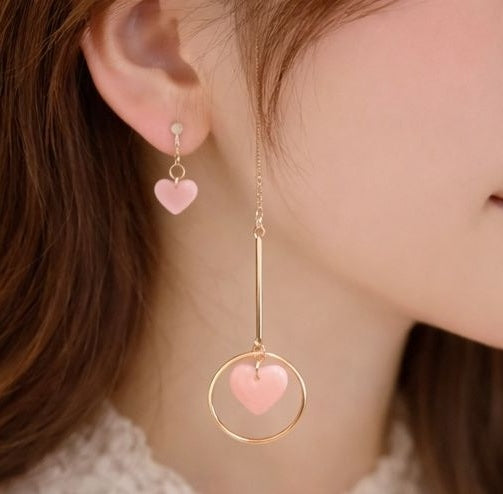 Pink heart drop earrings close up detail JeevaFashions