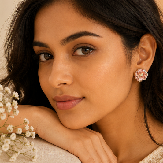 Gold tone pink rose earrings with pearl centre closeup JeevaFashions
