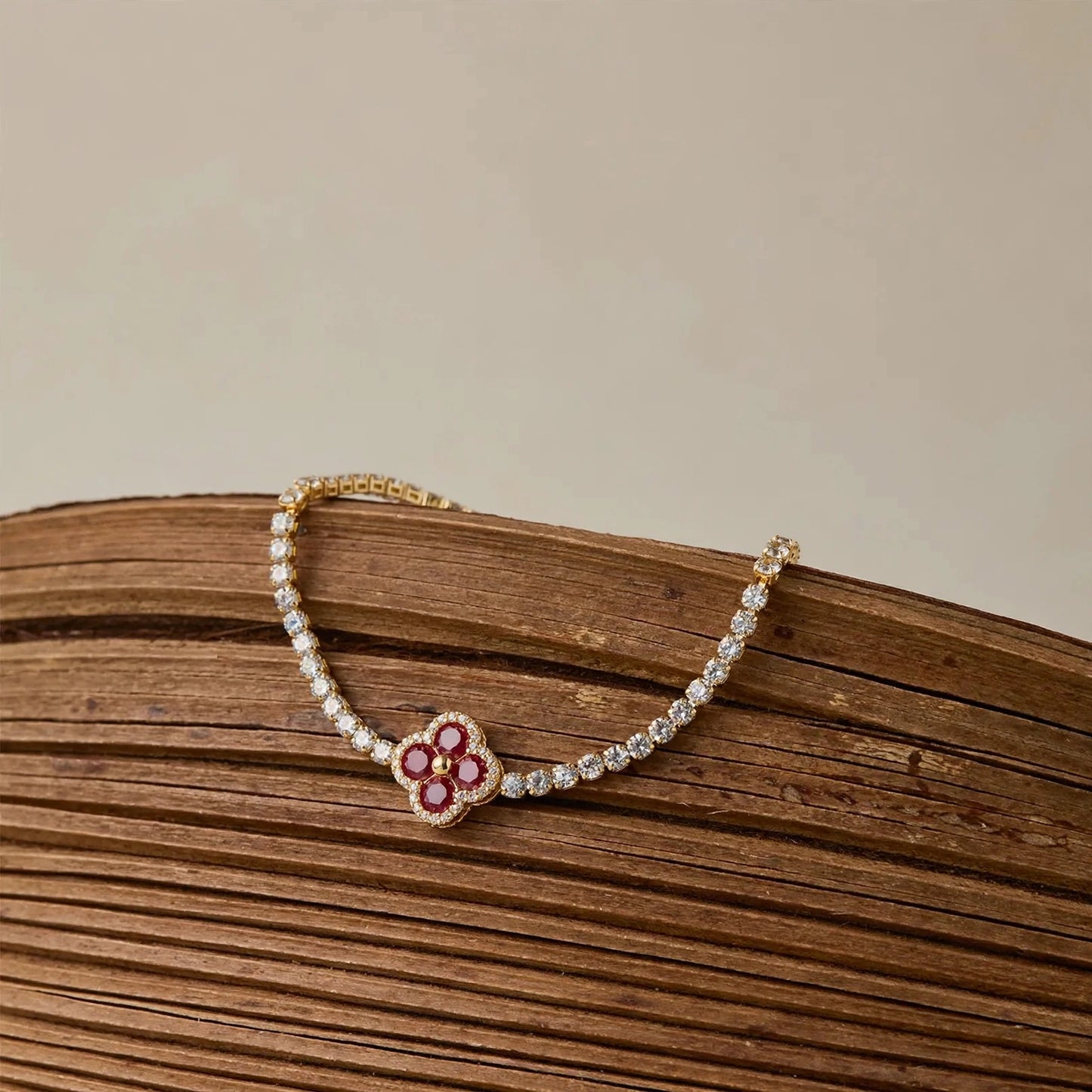 Red clover CZ tennis bracelet clasp detail for women JeevaFashions
