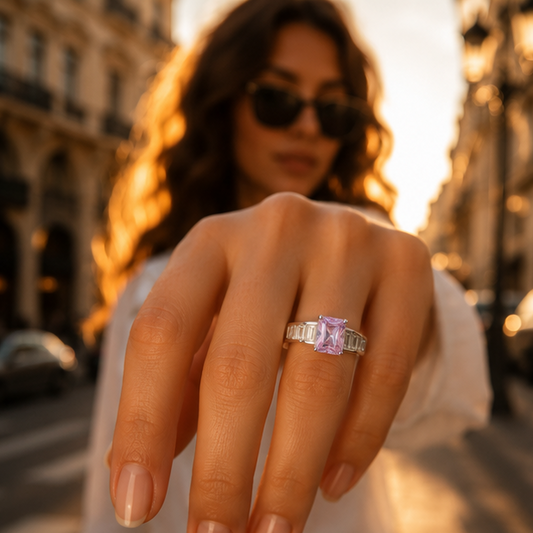 Amethyst baguette ring rhodium plated for women at JeevaFashions