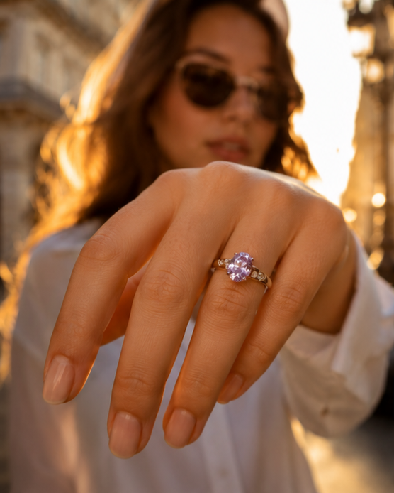 Amethyst oval cluster ring rhodium plated for women at JeevaFashions