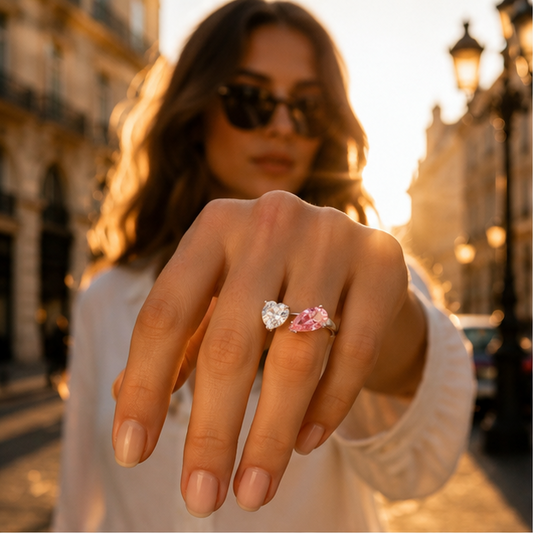 Toi et moi heart and pear ring rhodium plated for women at JeevaFashions