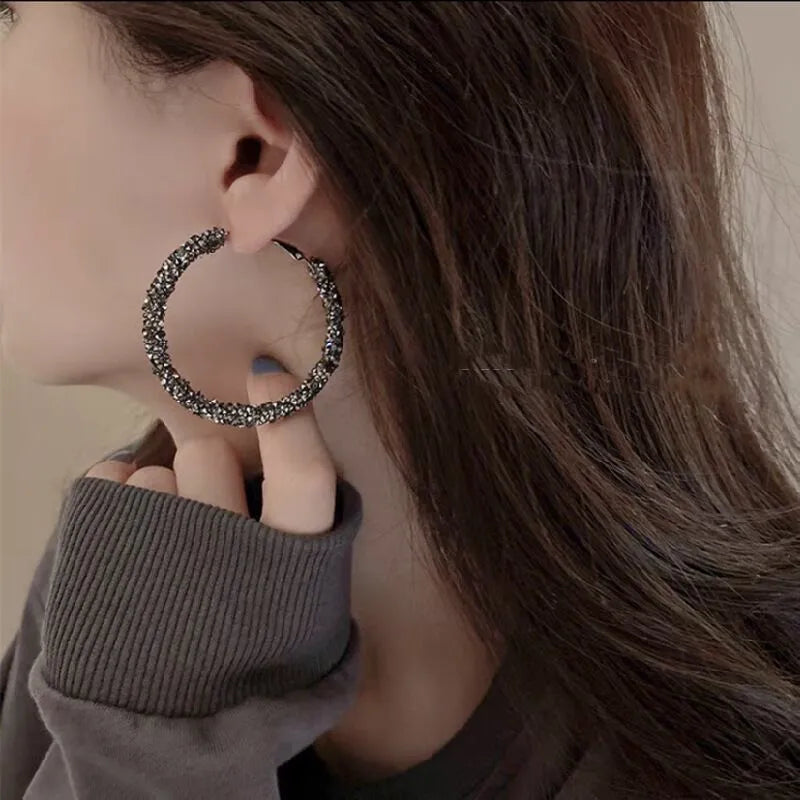 Silver crystal hoop earrings close-up pave style party wear JeevaFashions