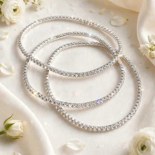 Close-up of crystal chain detail on silver stretch bangle for women at JeevaFashions