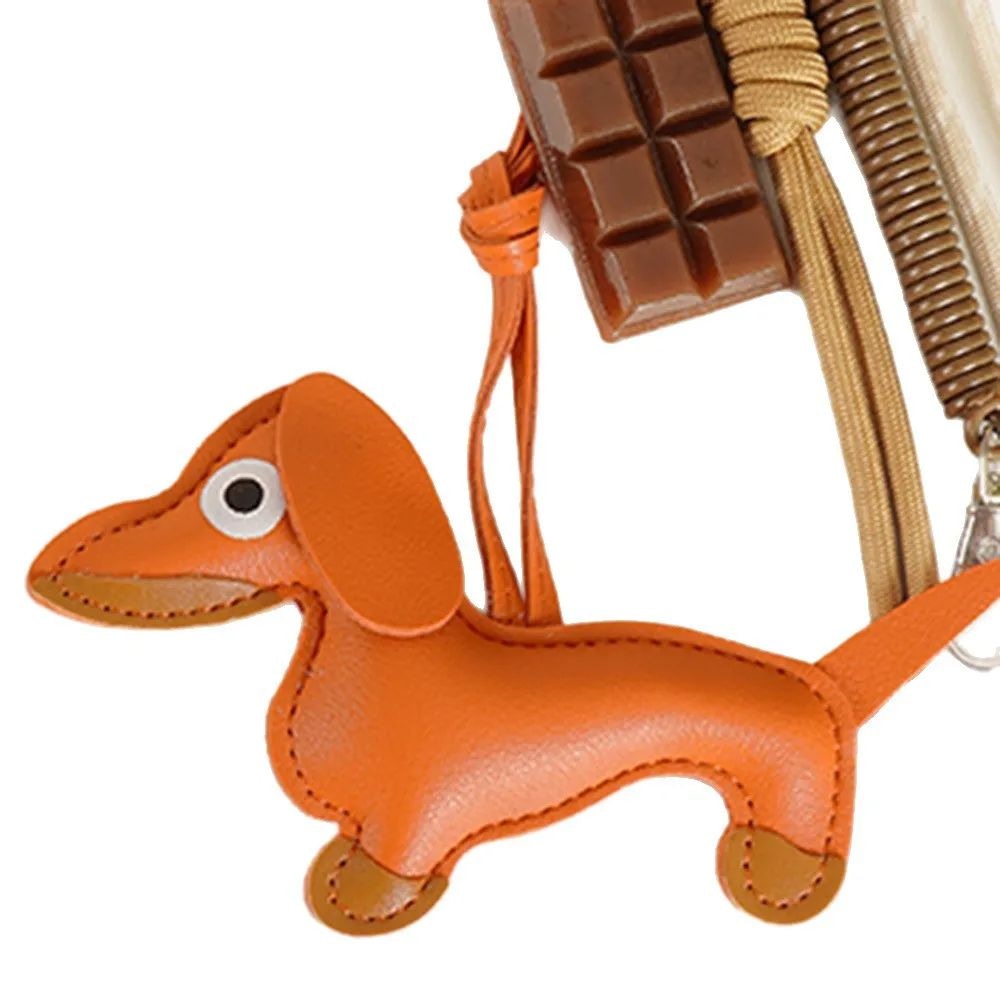 Handcrafted tan leather dachshund wiener dog bag charm keychain JeevaFashions
