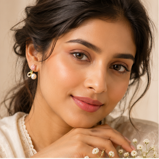Pink tulip enamel stud earrings with pearl drop and crystal accent ring in gold tone – everyday floral jewellery for Indian women