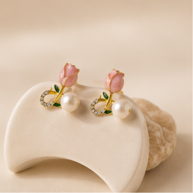 Tulip pearl drop stud earrings with crystal accent in gold tone – floral gifting and daily wear earrings for Indian women
