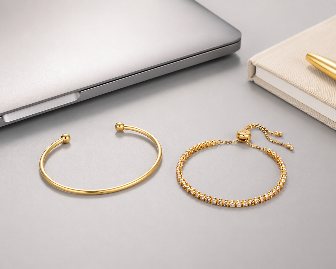 Minimalist anti-tarnish gold cuff bracelet and tennis bracelet for office wear