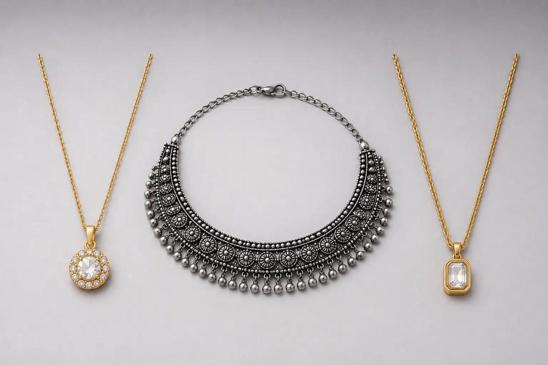 Anti-tarnish gold plated and oxidised jewellery finishes compared side by side