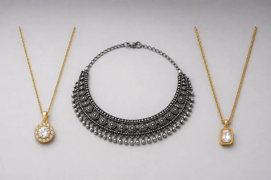Anti-tarnish gold plated and oxidised jewellery finishes compared side by side