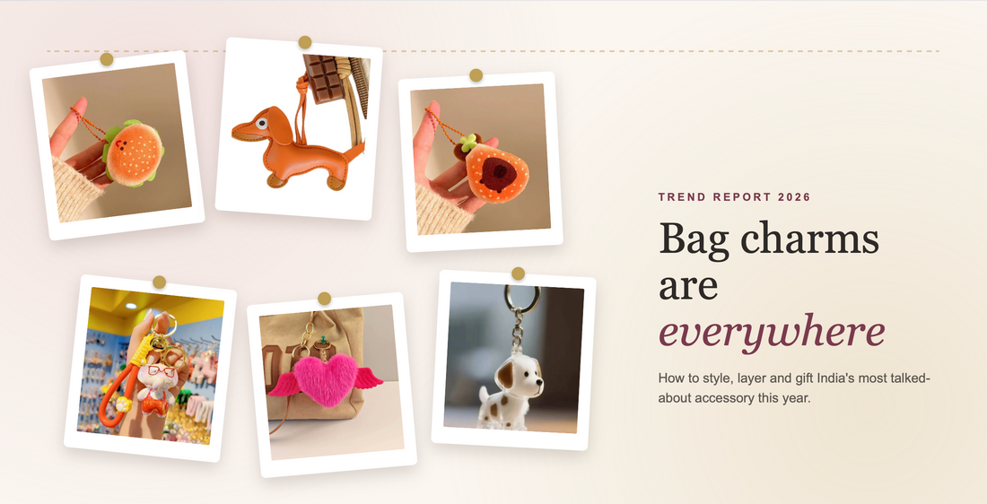 Bag charms 2026 trend collage with plush, leather and metal charms styled together | Jeeva Fashions