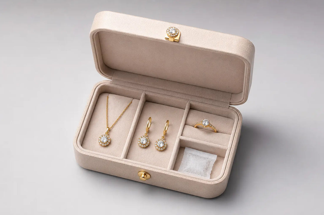 Open jewellery box with gold plated necklace earrings ring and silica gel packet for storage