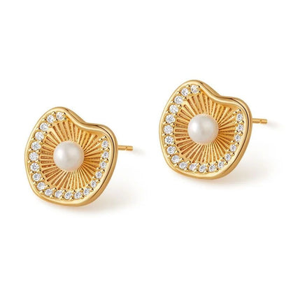 18K gold pearl inlay stud earrings close up JeevaFashions