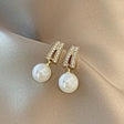 Gold geometric pave crystal faux pearl drop earrings for women JeevaFashions
