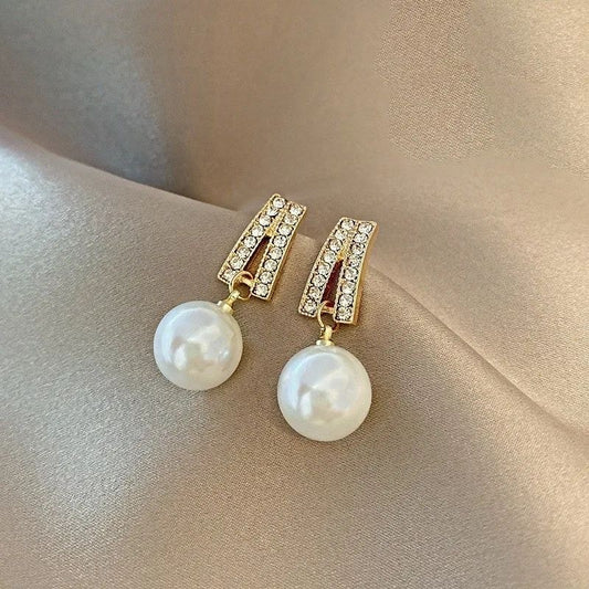 Gold geometric pave crystal faux pearl drop earrings for women JeevaFashions