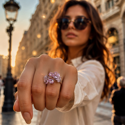 Pink Vine Cluster Ring – Rhodium Plated for Women