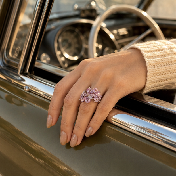 Pink Vine Cluster Ring – Rhodium Plated for Women