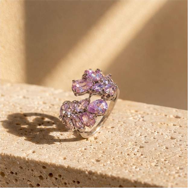 Pink Vine Cluster Ring – Rhodium Plated for Women
