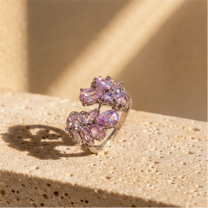 Pink Vine Cluster Ring – Rhodium Plated for Women