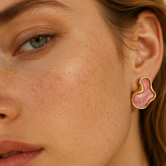Pink Abstract Marbled Stud Earrings – Gold Tone for Women