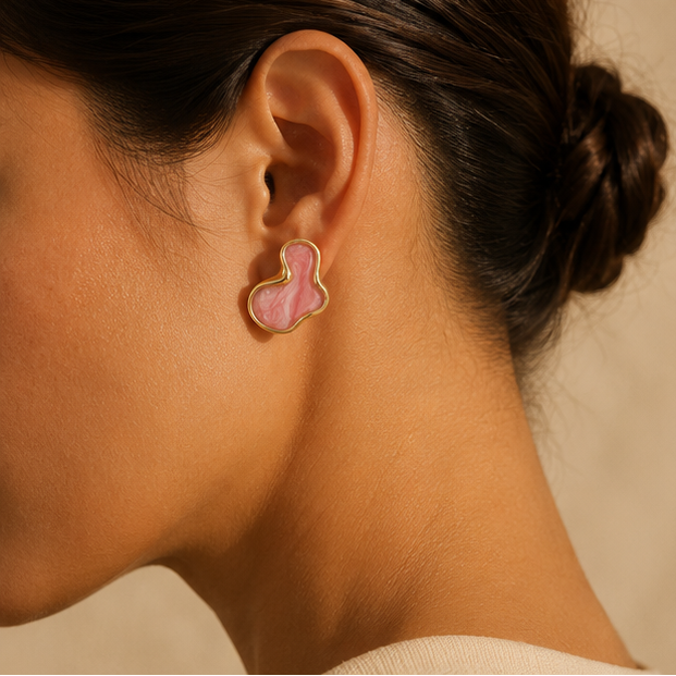 Pink Abstract Marbled Stud Earrings – Gold Tone for Women