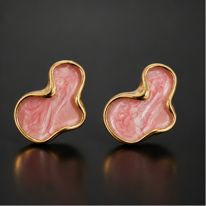 Pink Abstract Marbled Stud Earrings – Gold Tone for Women