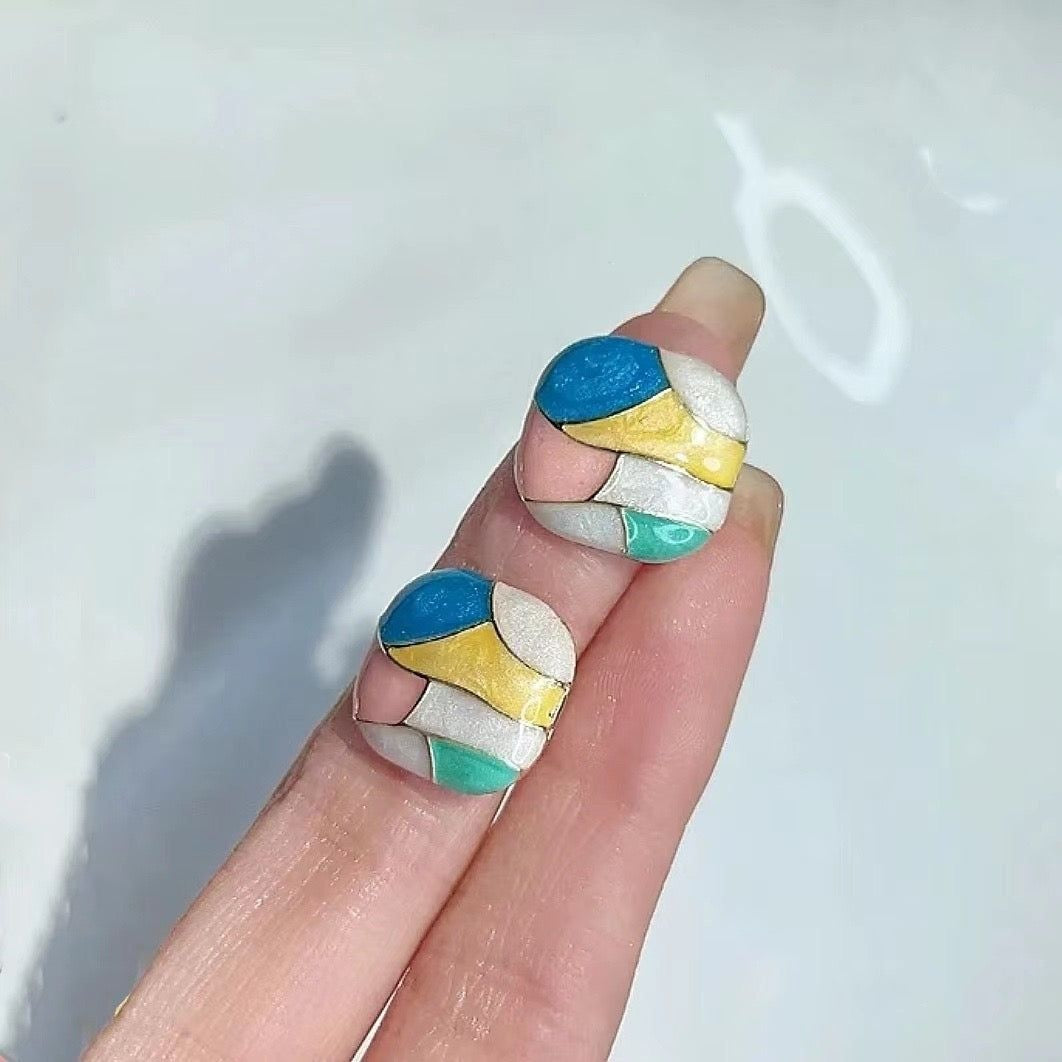 Abstract mosaic enamel stud earrings in teal yellow pink and blue with gold-tone outline – colourful geometric studs for women daily wear