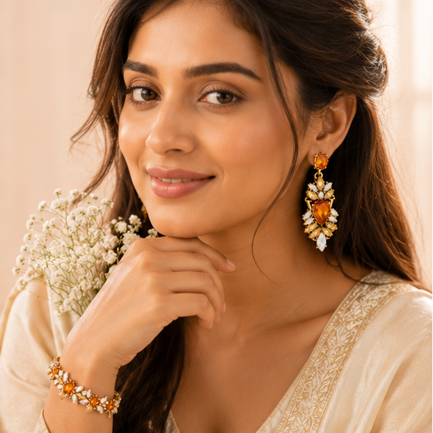 Close-up of iridescent colour-changing crystal drop on amber chandelier earrings – anti-tarnish gold-tone alloy for women