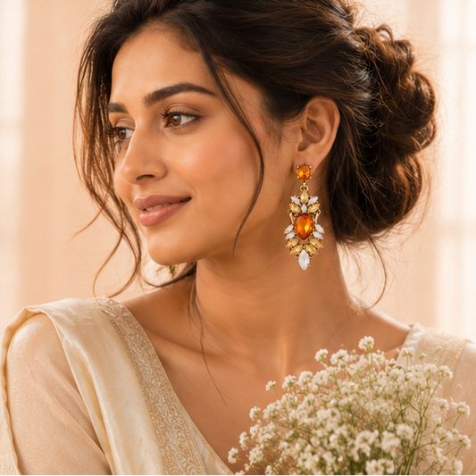 Amber crystal chandelier earrings front view – cognac teardrop stone with marquise crystal cluster for Indian festive wear