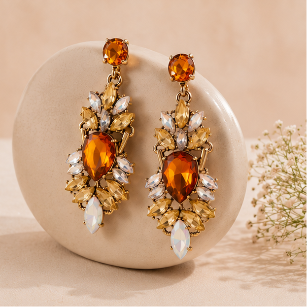 Pair of amber crystal chandelier earrings with gold-tone finish – statement jewellery for Indian weddings, Diwali and sangeet nights