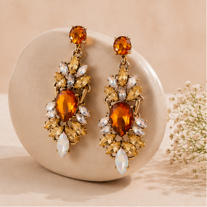 Pair of amber crystal chandelier earrings with gold-tone finish – statement jewellery for Indian weddings, Diwali and sangeet nights