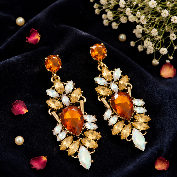 Side view of amber crystal chandelier earrings showing cascading iridescent drop – perfect for lehenga and saree styling