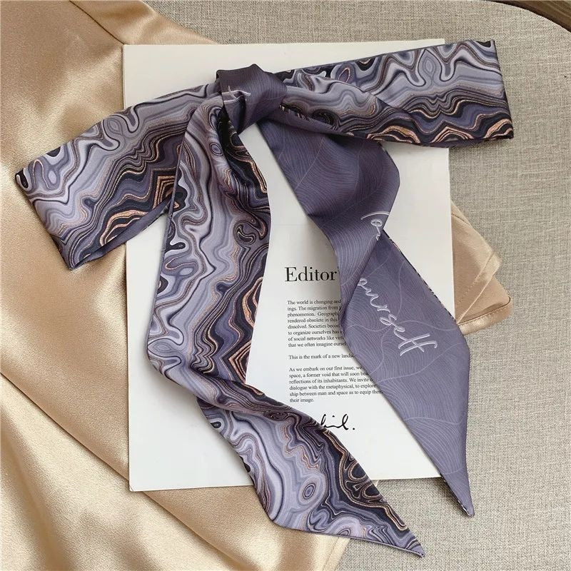 Amethyst swirl marbled silk-feel skinny scarf hair ribbon JeevaFashions