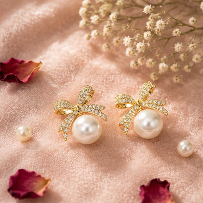 Anti-tarnish CZ bow pearl earrings for women JeevaFashions